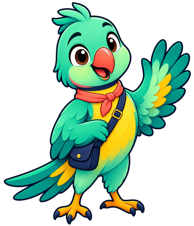 Minto, Mintback’s friendly green parrot, waving hello